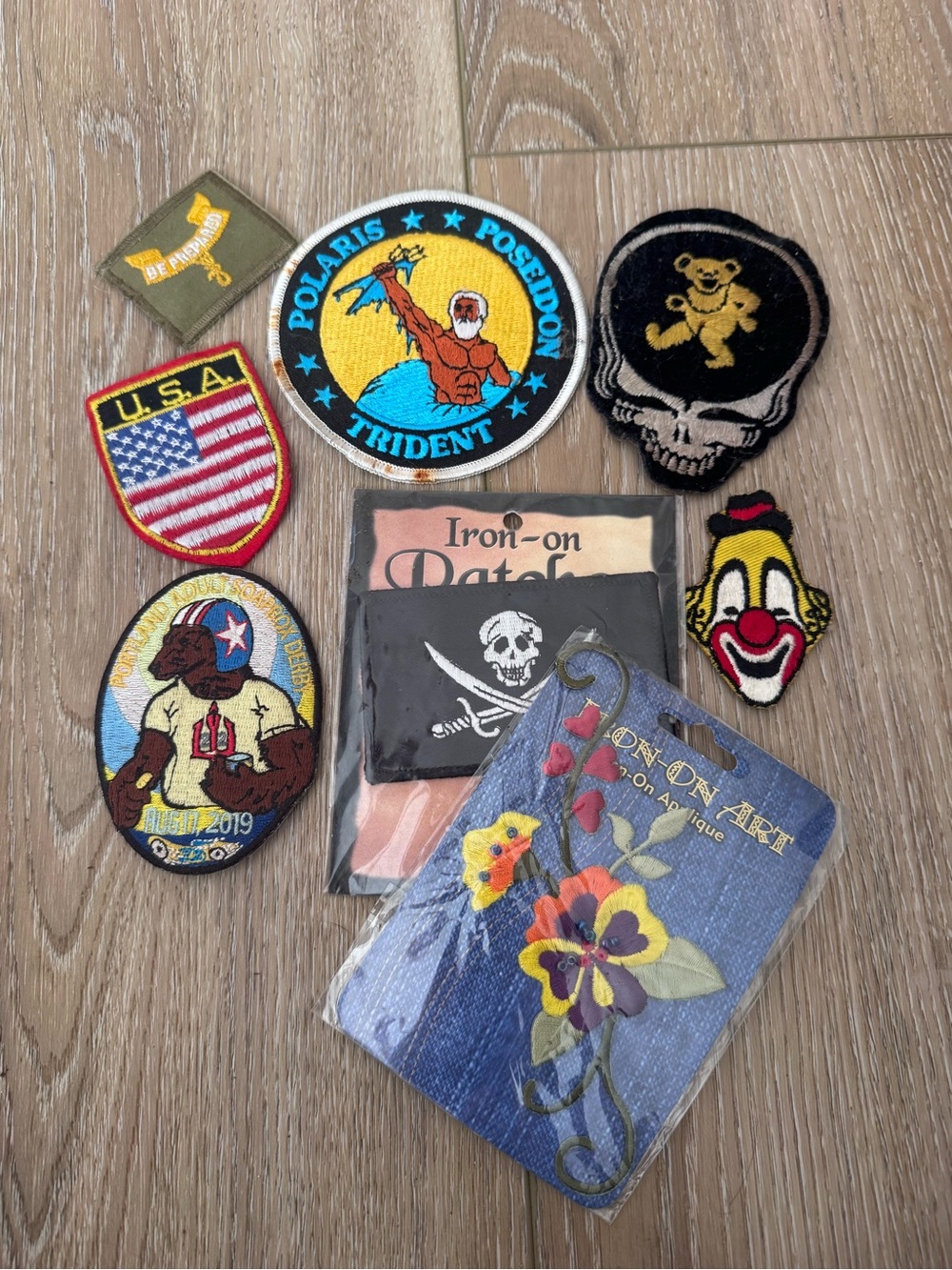 Assorted Iron-On Patches - Blue, Yellow, Red, Black, White, as is lot of 8